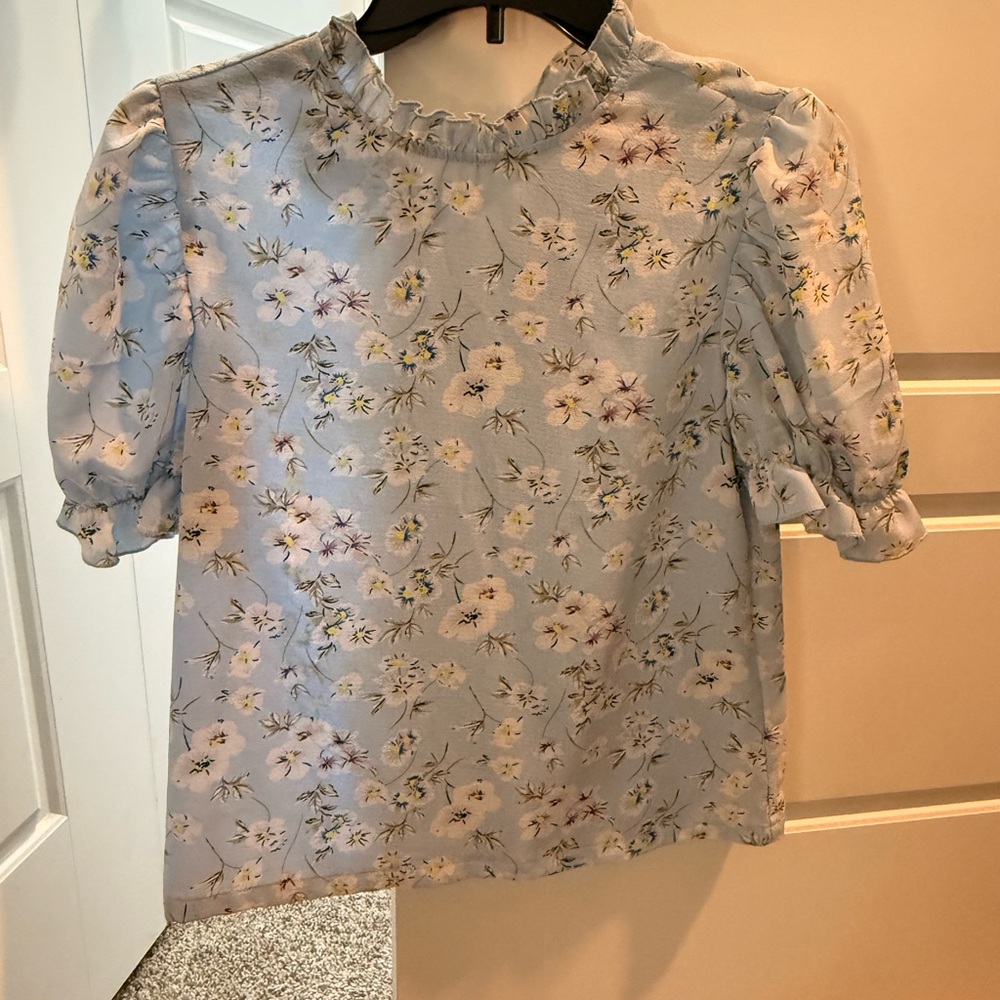 SHEIN Floral Ruffle Blouse - Light Blue